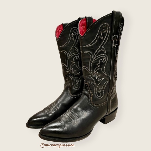 Frye Shoes - VINTAGE 1990 Frye Black Red Contrast Leather Embroidery Stitch Tall Cowboy Boot